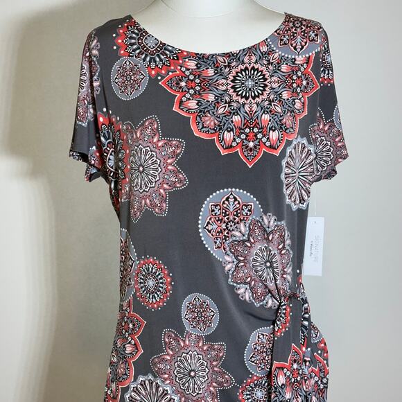 NWT Robbie Bee Gray Coral Floral Circles Faux Wrap Dress Womens Size Medium M - Picture 2 of 12
